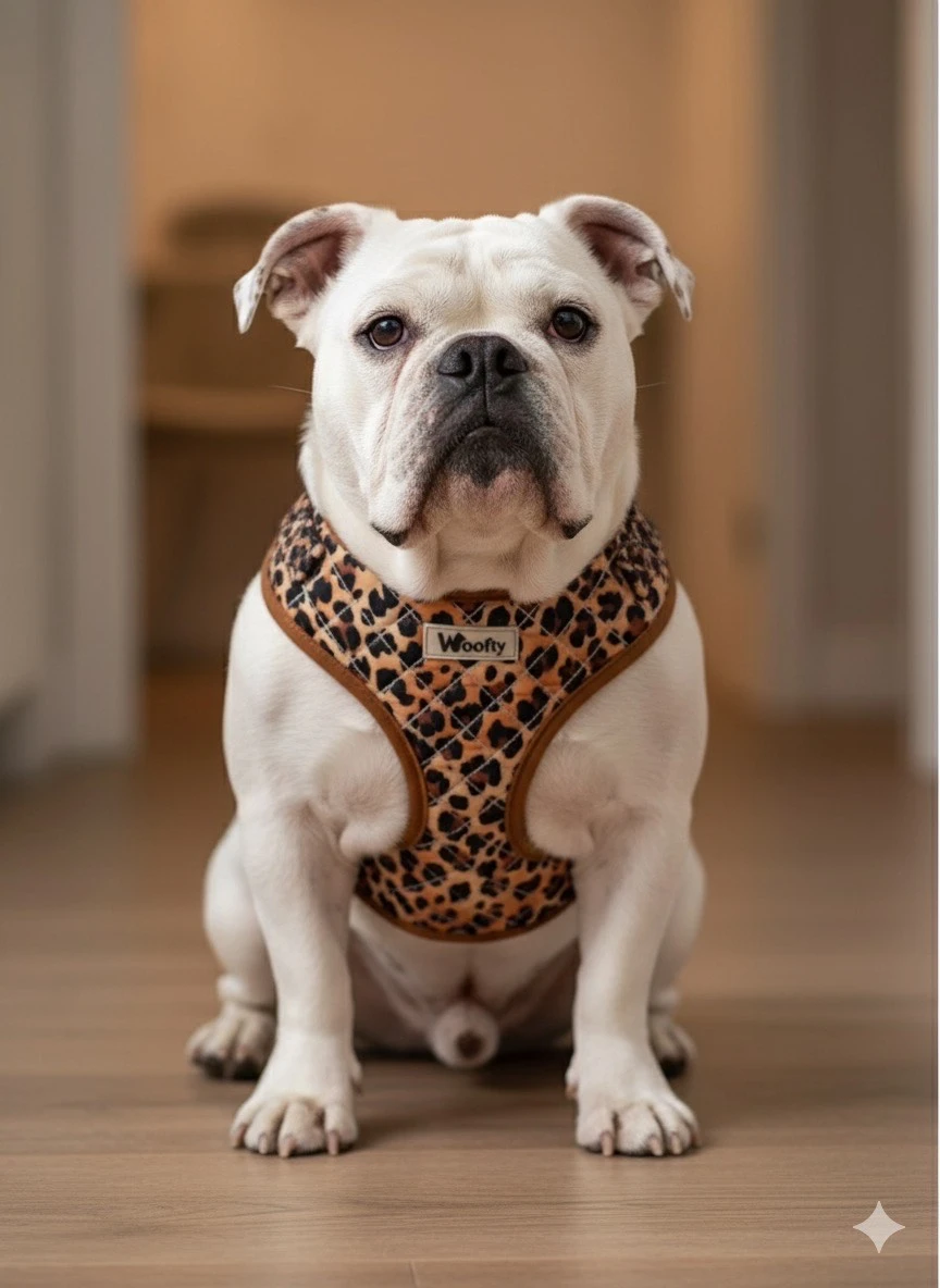 chien woofty harnais leopard