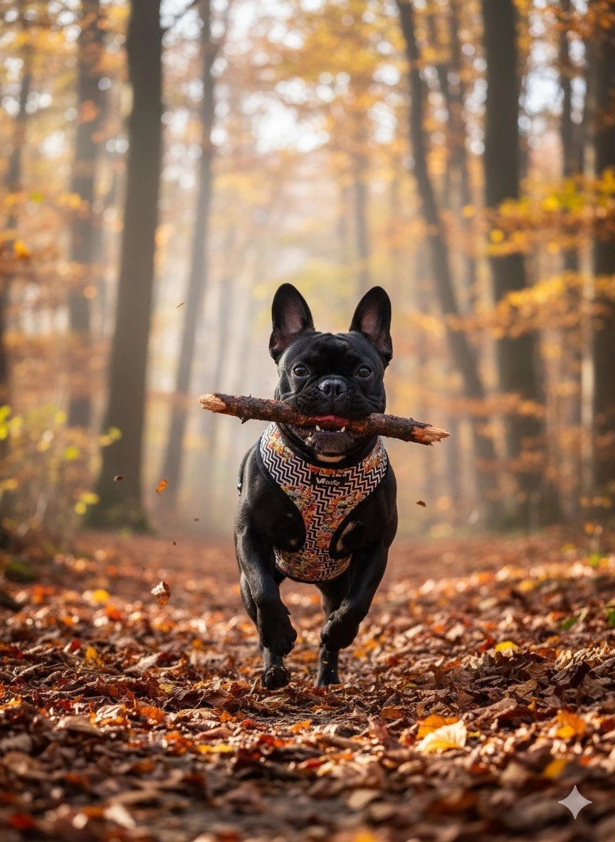 Harnais chien Woofty chevron noir blanc avec smileys, respirant, ergonomique, réglable au poitrail, boucle et anneau métal.