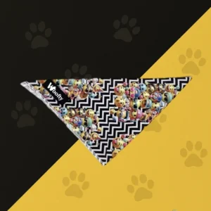 Bandana pour chien Woofty chevron noir blanc avec smileys, triangle léger et lavable, assorti au harnais/collier/laisse.