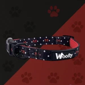 Collier chien Woofty pois blancs et nœuds rouges, réglable, boucle sécurisée, anneau métal noir