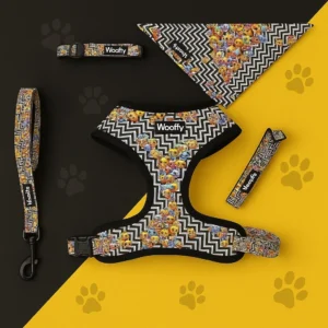 Harnais chien Woofty chevron noir/blanc avec smileys, respirant, ergonomique, réglable au poitrail.