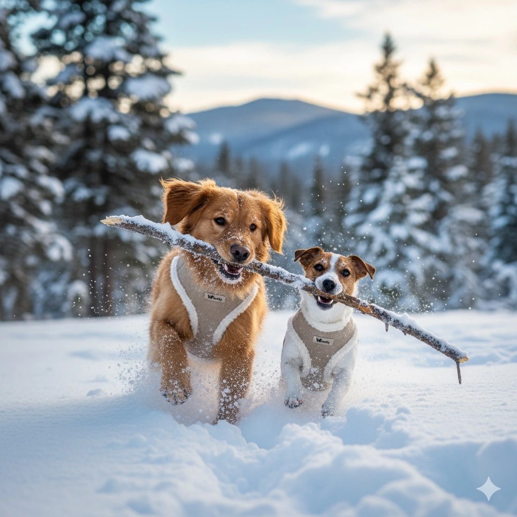 Harnais chien Woofty daim sable bordure sherpa, ergonomique et moelleux, réglable, anneau métal noir.