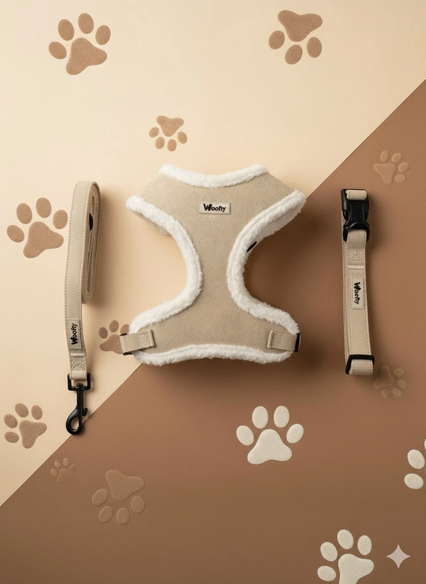 Harnais chien Woofty daim sable, bord sherpa doux, ergonomique, réglable, anneau métal noir.