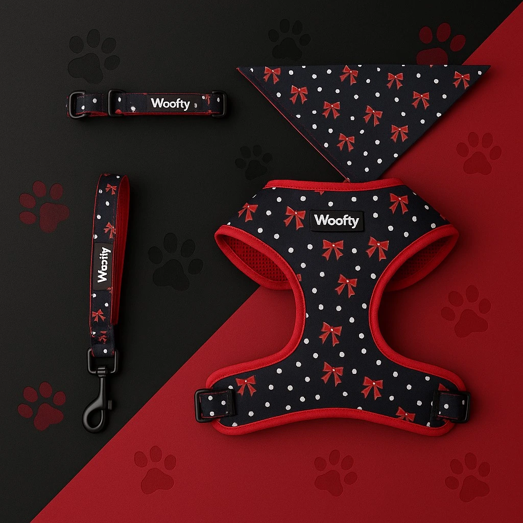 Harnais chien Woofty noir à pois blancs et nœuds rouges, mesh respirant, ergonomique, réglable.
