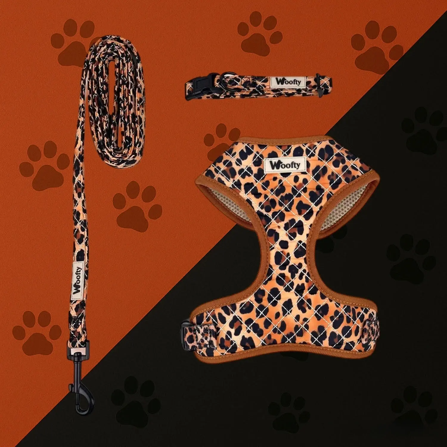 woofty harnais leopard brode caramel matelasse collier laisse bandouliere