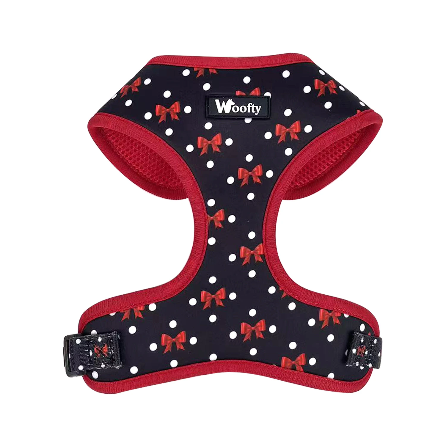 Harnais chien Woofty noir à pois blancs et nœuds rouges, mesh respirant, ergonomique, réglable.