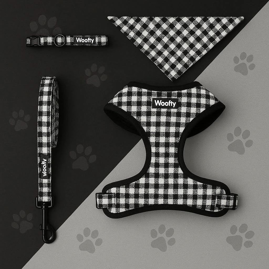 Harnais collier et laisse pour chien Woofty vichy noir blanc, léger et respirant, ergonomique, réglable, anneau métal noir.