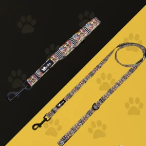 Laisse chien Woofty chevron noir/blanc et smileys, poignée confortable, mousqueton rotatif 360°.