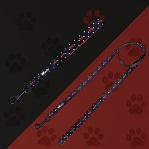 Laisse chien Woofty pois blancs et nœuds rouges, poignée confortable, mousqueton 360°.