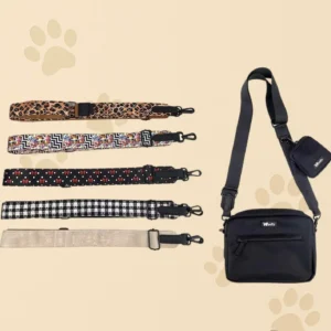 Sacoche Woofty noire déperlante, poopbag intégré, mini-pochette friandises, bandoulière réglable.