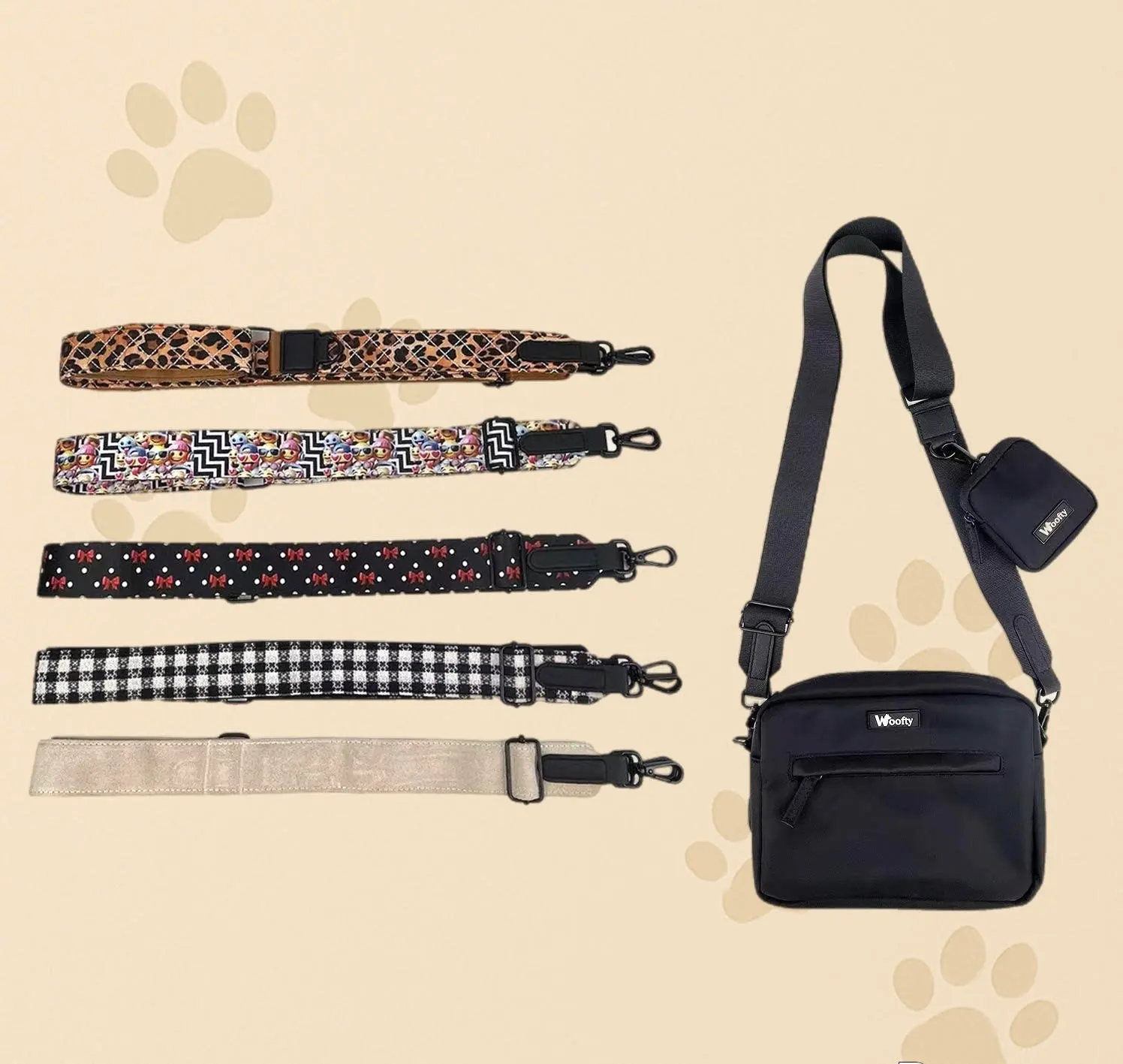 sacoche woofty noire – poopbag intégré + mini pochette friandises