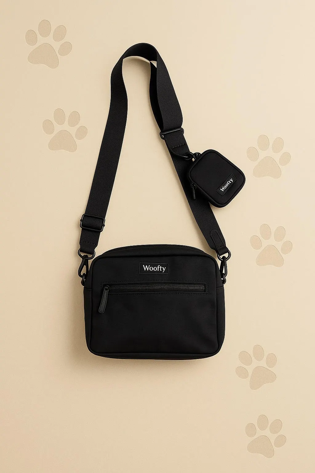 Sacoche Woofty noire déperlante, poopbag intégré, mini-pochette friandises, bandoulière réglable.