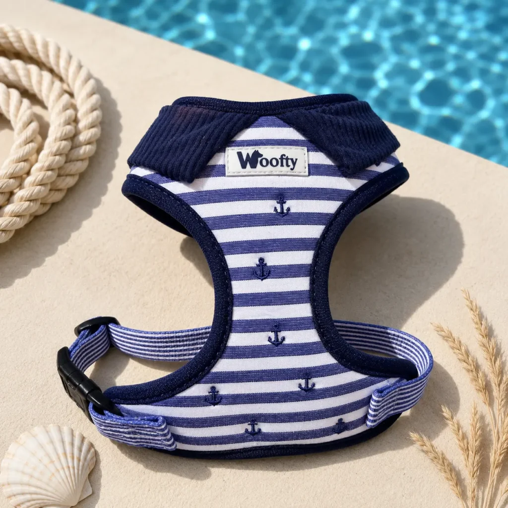 Home harnais chien pack laisse collier marin mariniere bleu blanc chic tendance woofty